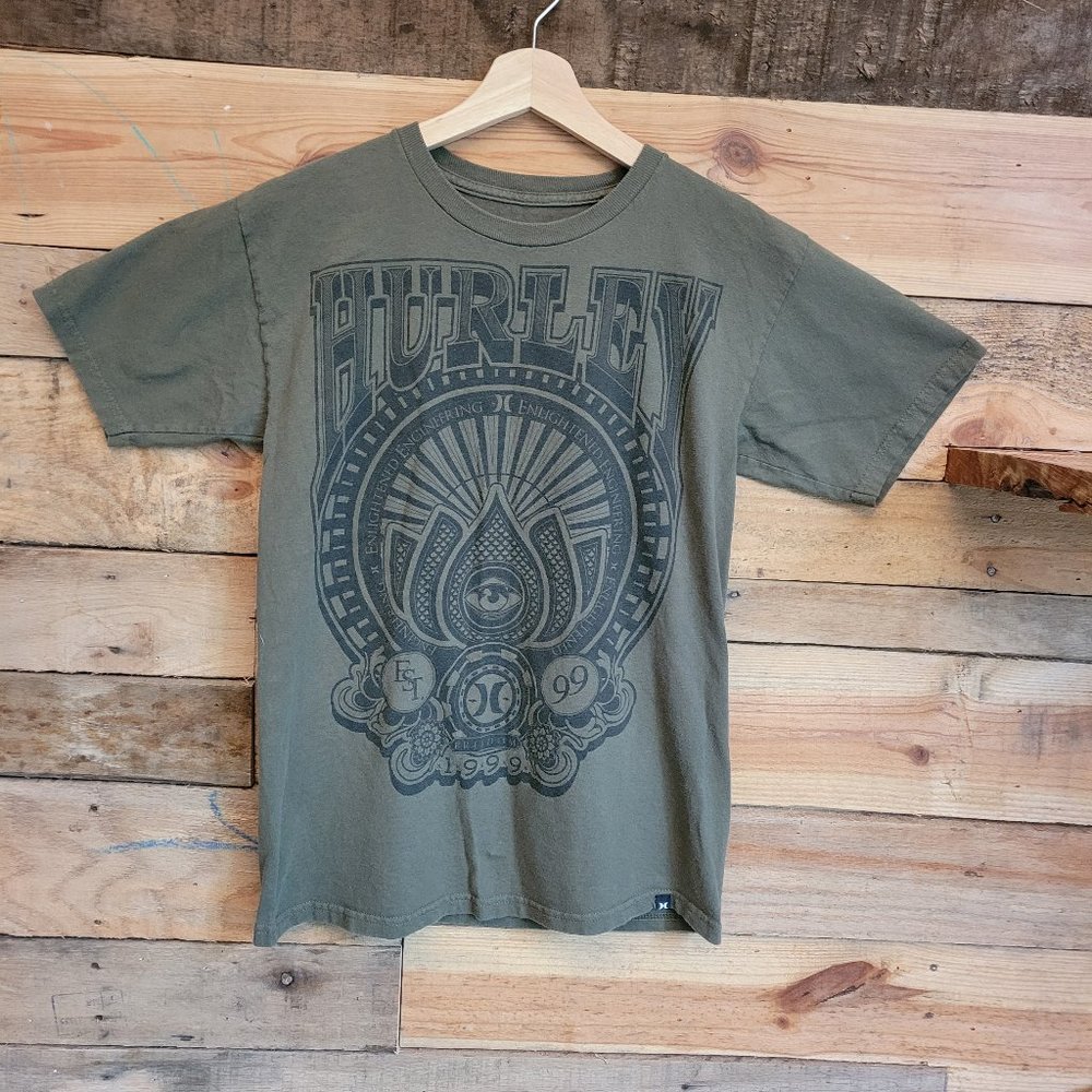 Hurley Logo Army Green Graphic Short Sleeve T-Shirt SZ Small